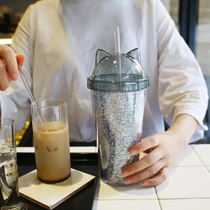 Новая креативная пластиковая свободная вода BPA бутылка с соломинкой Flash Cat Ear