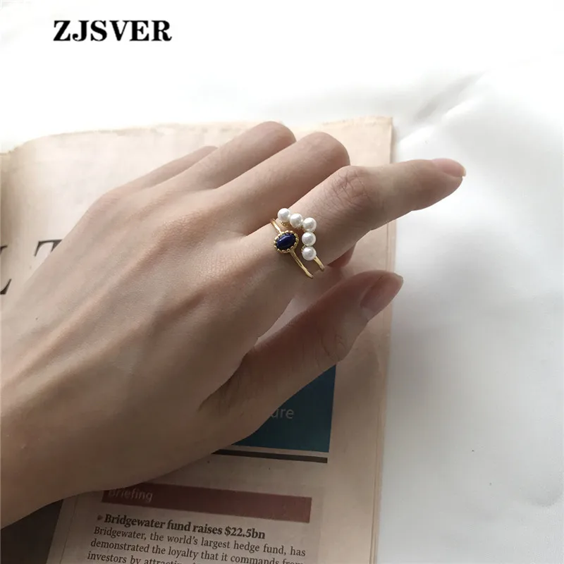 

ZJSVER Korean Jewelry 925 Sterling Silver Rings Golden Retro Double Layer Pearl Crystal Women Ring Attend Banquet Or Party