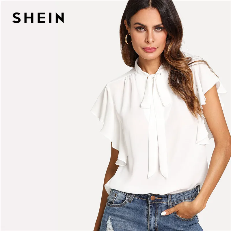 Buy SHEIN Office Lady Workwear Elegant White Shirt Women Blouses Tie Neck