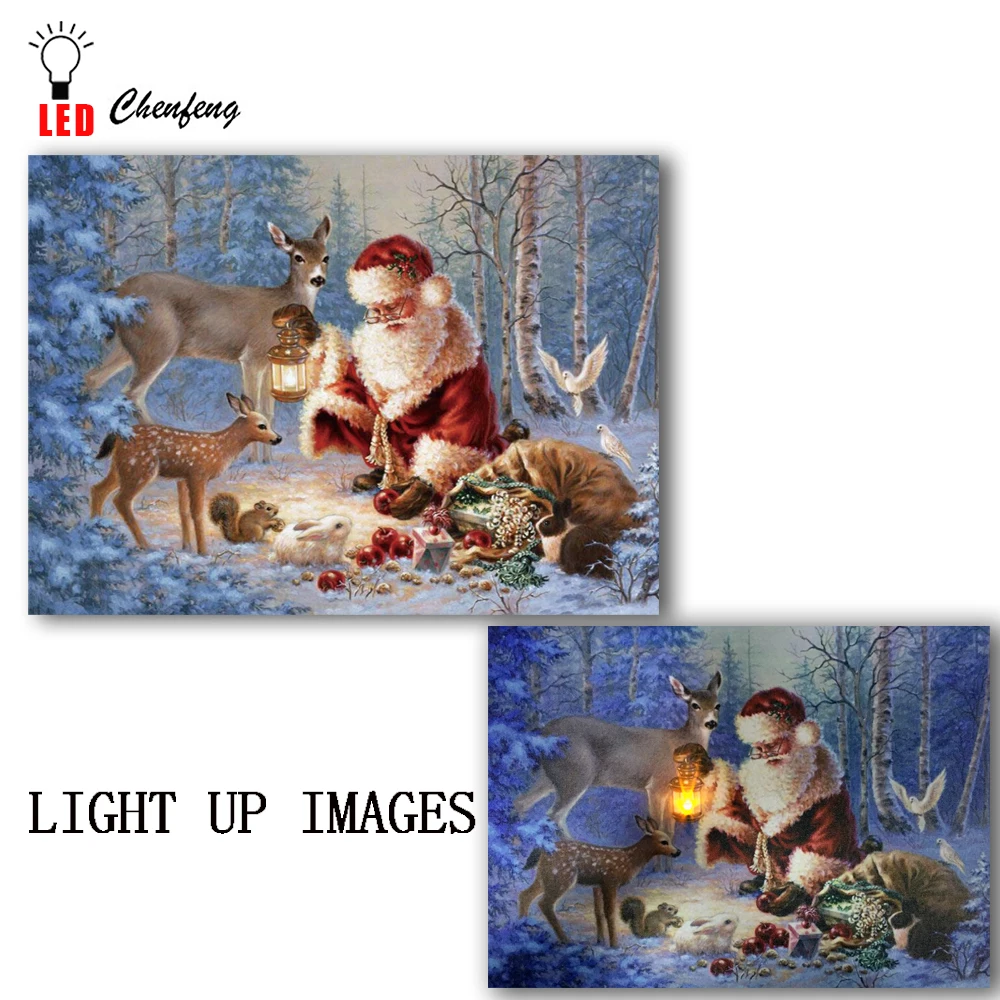 

LED canvas print vintage santa claus deer in winter night oil painting on canvas wall art decor light up christmas new year gift