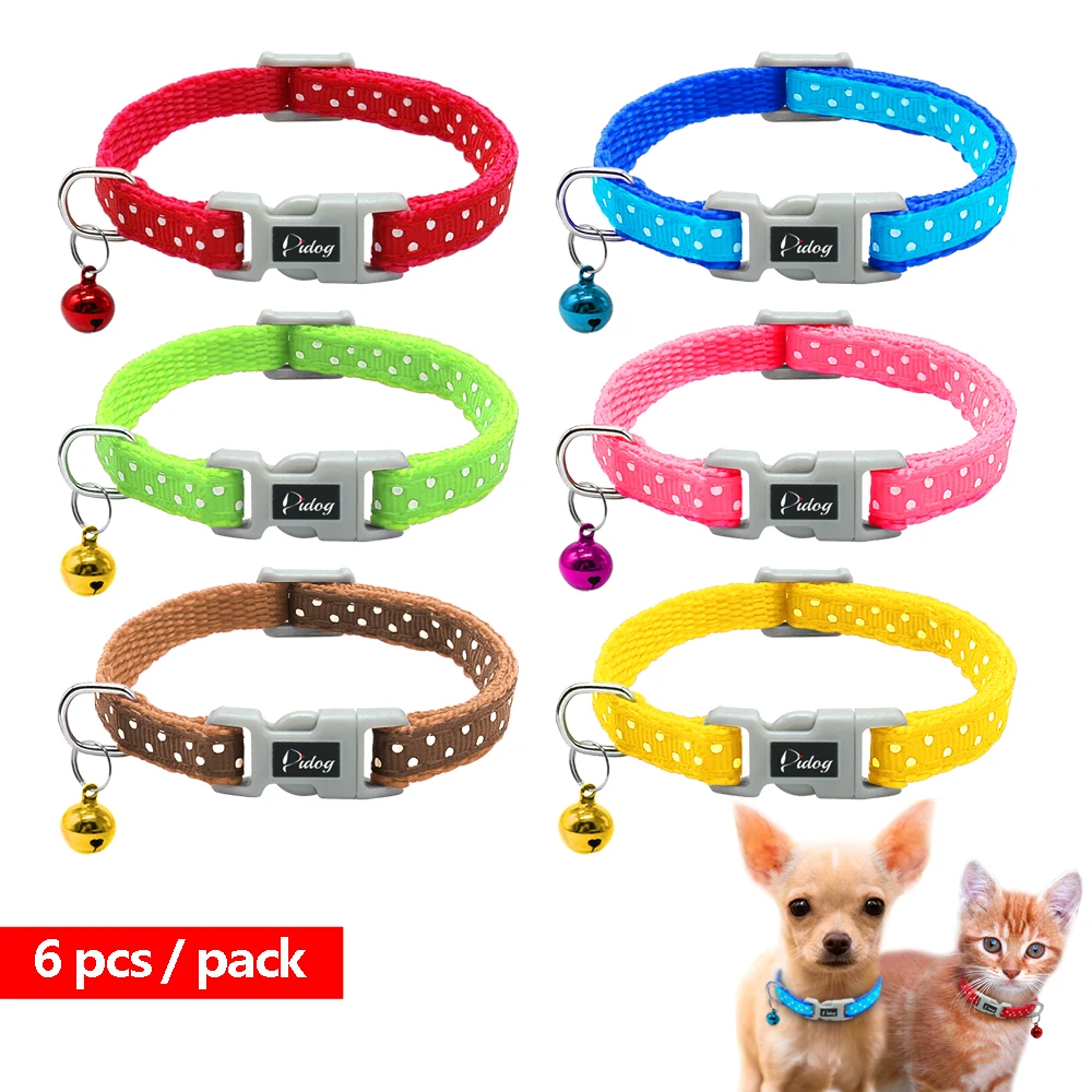 

6pcs Cat Puppy Collar Nylon Polka Dot Pet Cats Kitten Collars Breakaway With Bell For Small Cat Puppy Chihuahua 6-8" Adjustable