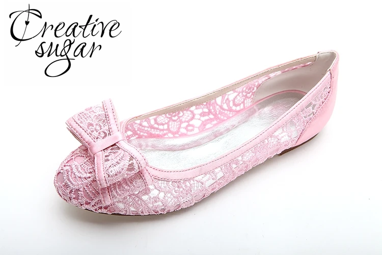 Creativesugar lady's lace see through mesh flats sweet bow closed toe shoes bridal wedding party