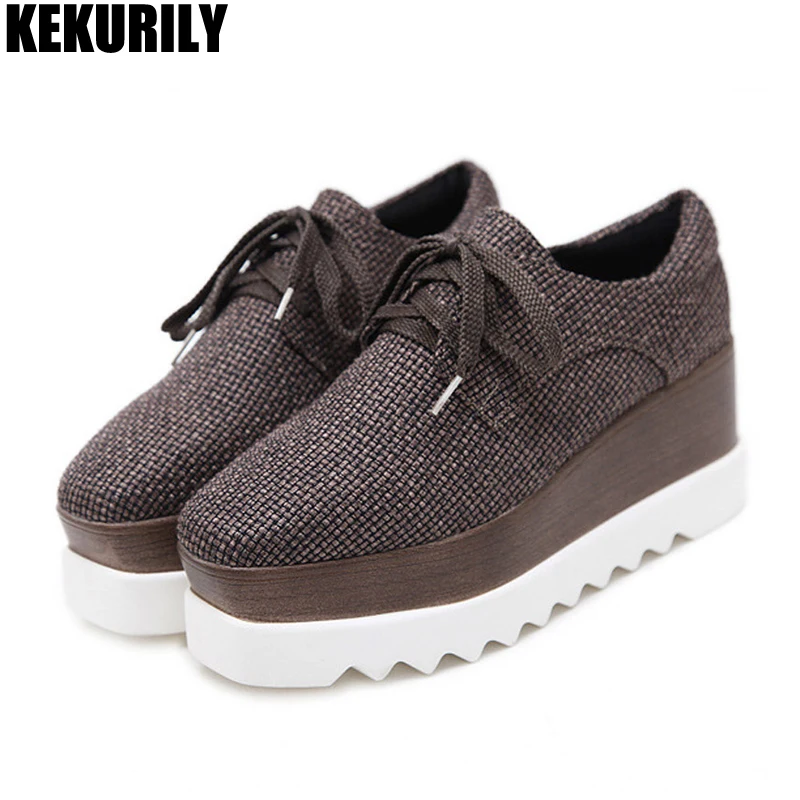 

Shoes Women Platform Wedge Sneakers lace up Square Toe Oxford mixed color Height Increasing Leisure zapatos mujer blue brown