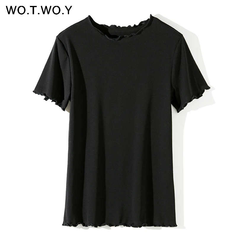 WOTWOY летняя футболка с оборками Женская хлопковая Повседневная Однотонная футболка женские корейские Топы Футболка Femme тонкая черная футболка Harajuku Новинка - Цвет: T930Black