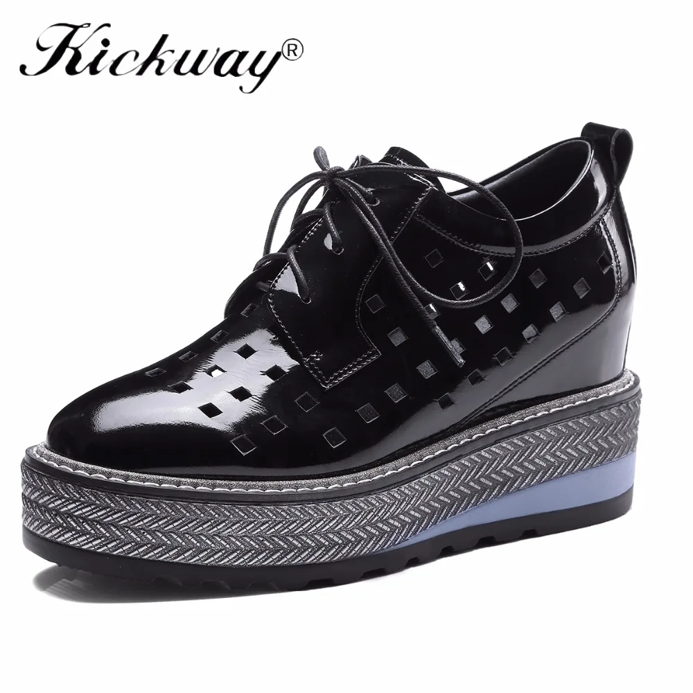 

Kickway Women Spring Shoes 2018 Big Size Shoes Cut Outs Genuine Leather Round Toe Height Increased Pumps Lace Up Plus Sizes 42
