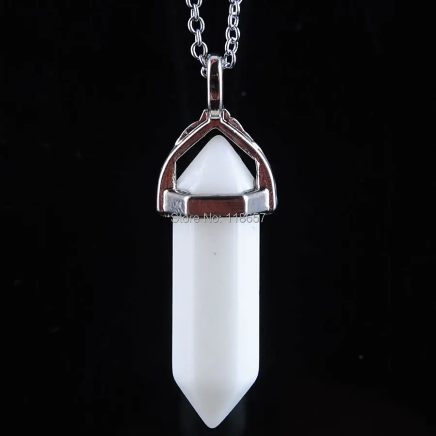 Free shipping White Jades Gem Stone Bead Hexagonal Point Pendant Silver