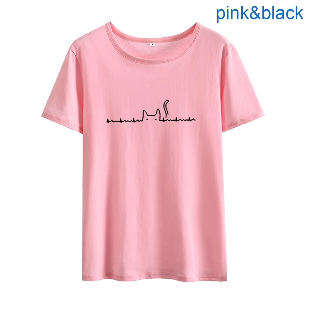 Футболка с мультяшным сердечком и милым котом, женская футболка с коротким рукавом, Camiseta Mujer, хлопковая Футболка с круглым вырезом, женский топ, черная, белая футболка, Femme - Цвет: Розовый