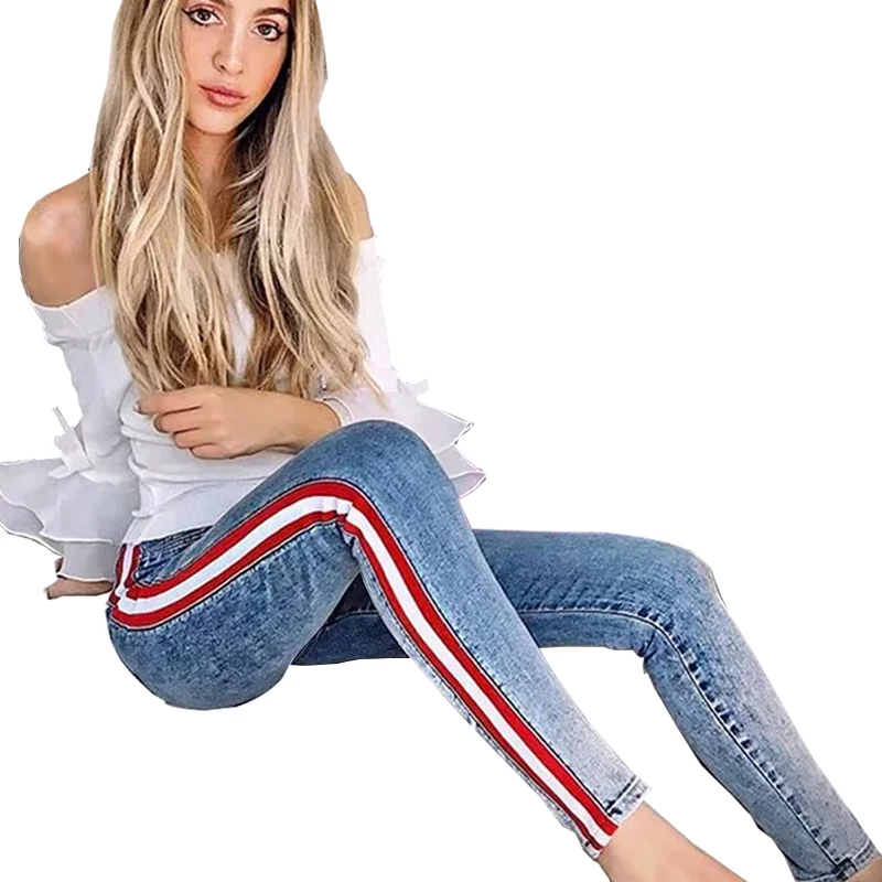 

Women High Waist Jeans Ankle-Length Lady Side Striped Patchwork Skinny Jeans All Matched Casual Pants Brief Slim Winter Jeans