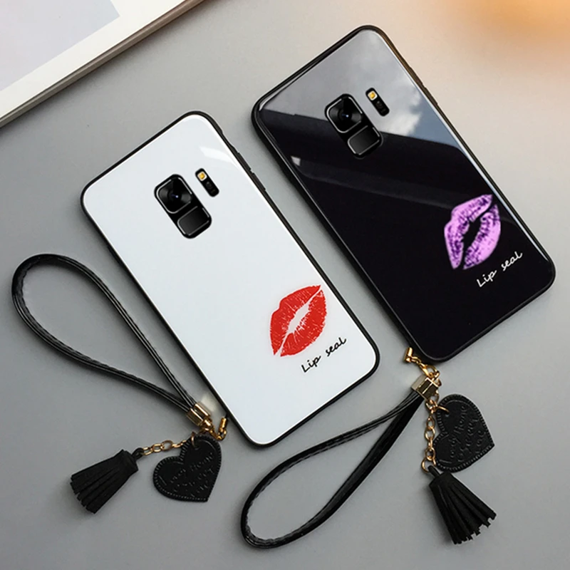 

For samsung galaxy A7 2018 Tempered Glass Case Lip print Cover For Samsung A7 A8 A5 A9 2018 A6 Plus A9S Tassel Lanyard Funda