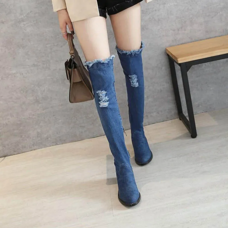 Fashion Women Knee-high Long Boots Slim Showing Med Heel Spring Autumn Shoes Slip-on Leisure Casual Boots Plus Size 33-43 Blue (16)