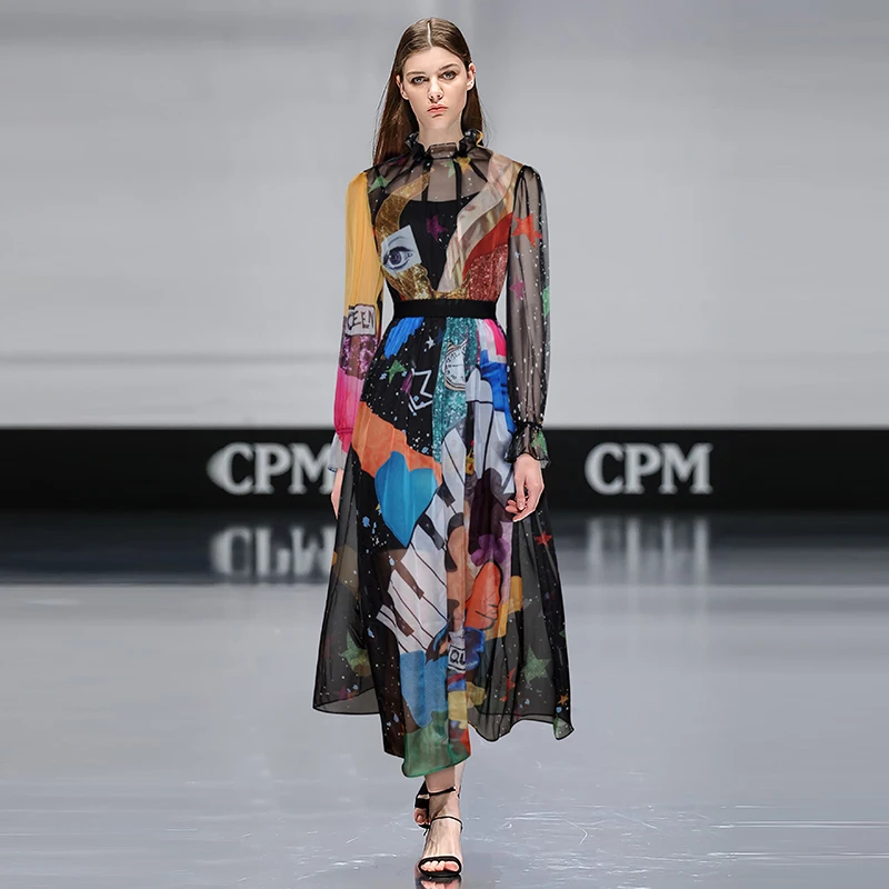 

Runway Dress European Designer 2019 Spring Summer Women Luxury High Quality Vintage Printed Long Maxi Personality Dress Female