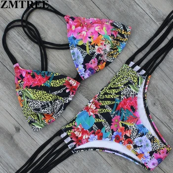 

ZMTREE Brand 2017 Floral Print Bikini Set Women Tassel Swimsuit Swimwear Female Beach Bathing Suit Brazilian Bandage Bikinis