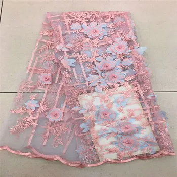 

Pink beaded appliqued lace fabric high quality Latest african lace 2018 noble 3D lace fabric for party H416-1