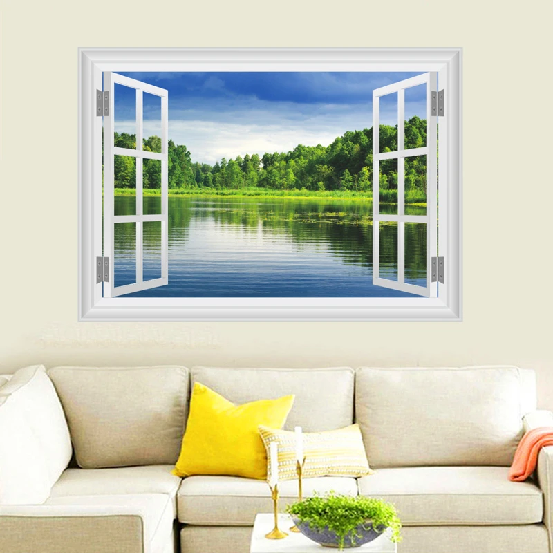 

3d window nature tree water blue sky wall stickers home decor living room bedroom pvc wall decals diy mural art posters