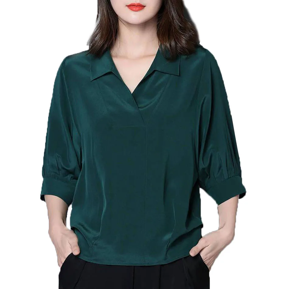 

2019 summer new loose large size simulation silk ladies sleeved shirt fashion bat sleeves silk blouse female tops