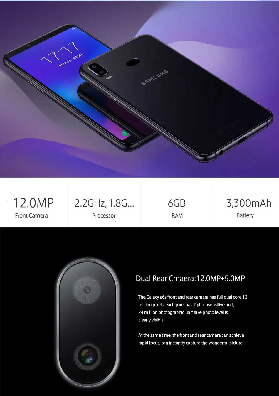 Samsung Galaxy A6s SM-G6200, 6 ГБ ОЗУ, 64 ГБ/128 Гб ПЗУ, LTE мобильный телефон, 6,0 дюймов, Восьмиядерный процессор Snapdragon 660, двойная задняя камера, Android