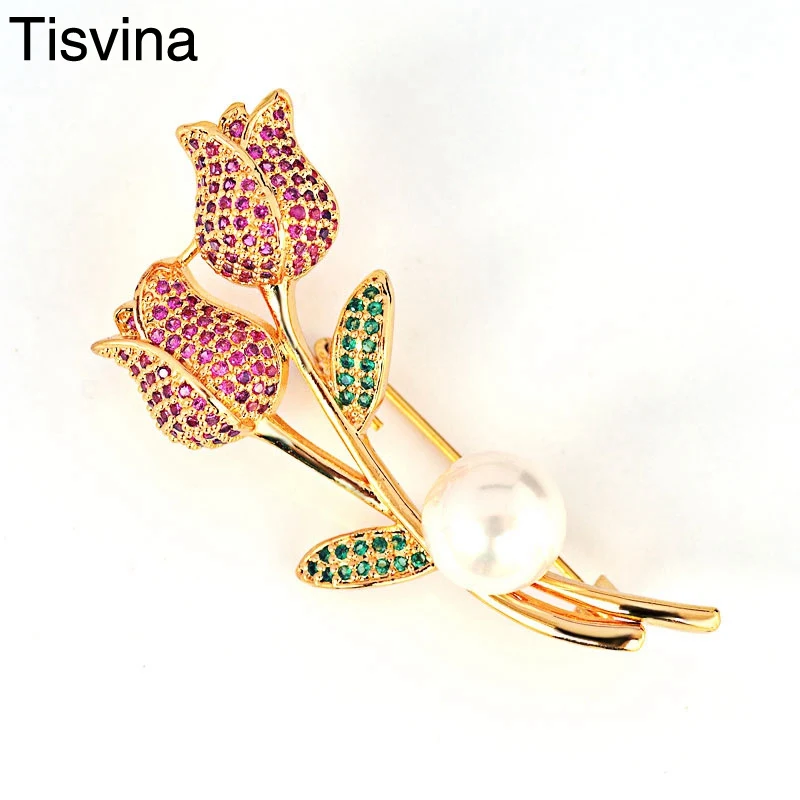 

Tisvina New Women Pearl Tulip flower Brooches jewelry Corsages Scarf Sweater Accessories Pins Wedding Birthday present Elegant