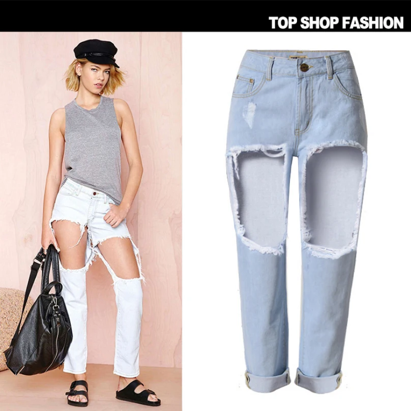 Liva Girl American street boyfriend style High Waist Women Fashion ripped big holes loose straight Denim