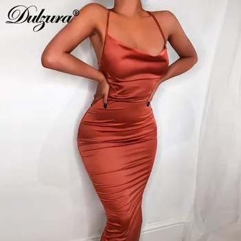 Dulzura neon satin lace up 2021 summer women bodycon long midi dress sleeveless backless elegant party outfits sexy club clothes 1