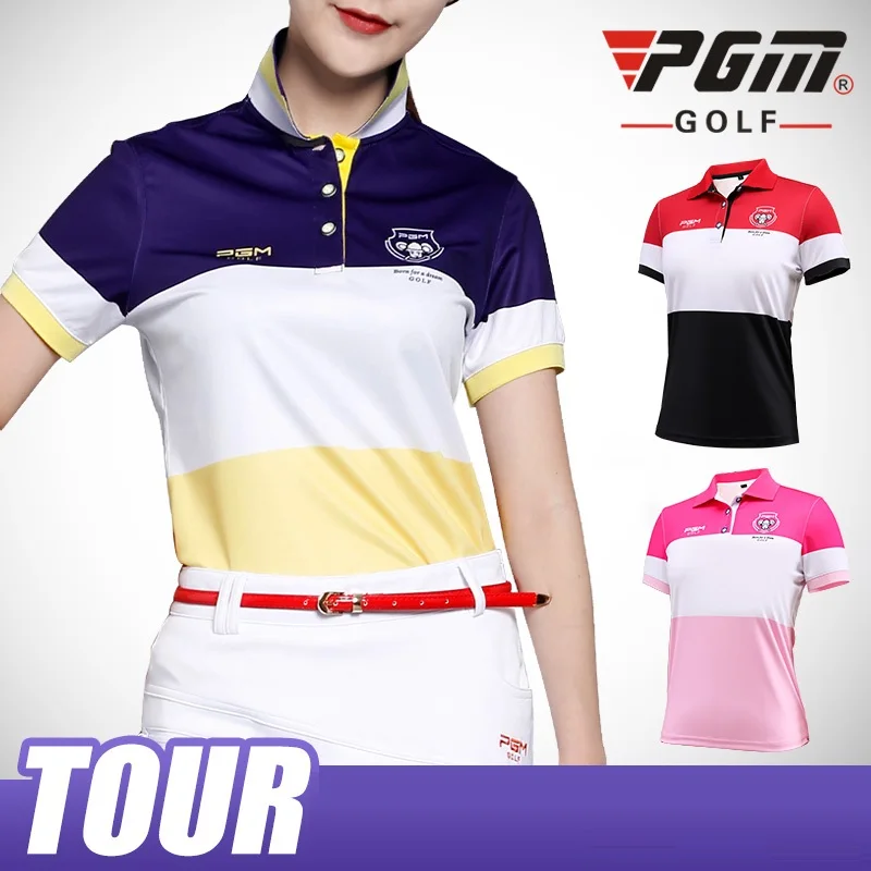 

Pgm Women Golf Shirt Short-Sleeve Patchwork Shirt Woman Slim Fit Sportwear Fitness Gym Tennis Golf Tops AA60467