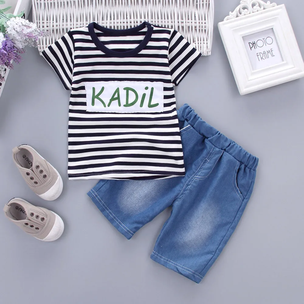 Toddler Kid Baby Boys Girls Outfits Clothes Stripe T-shirt Tops+Shorts Pants Set