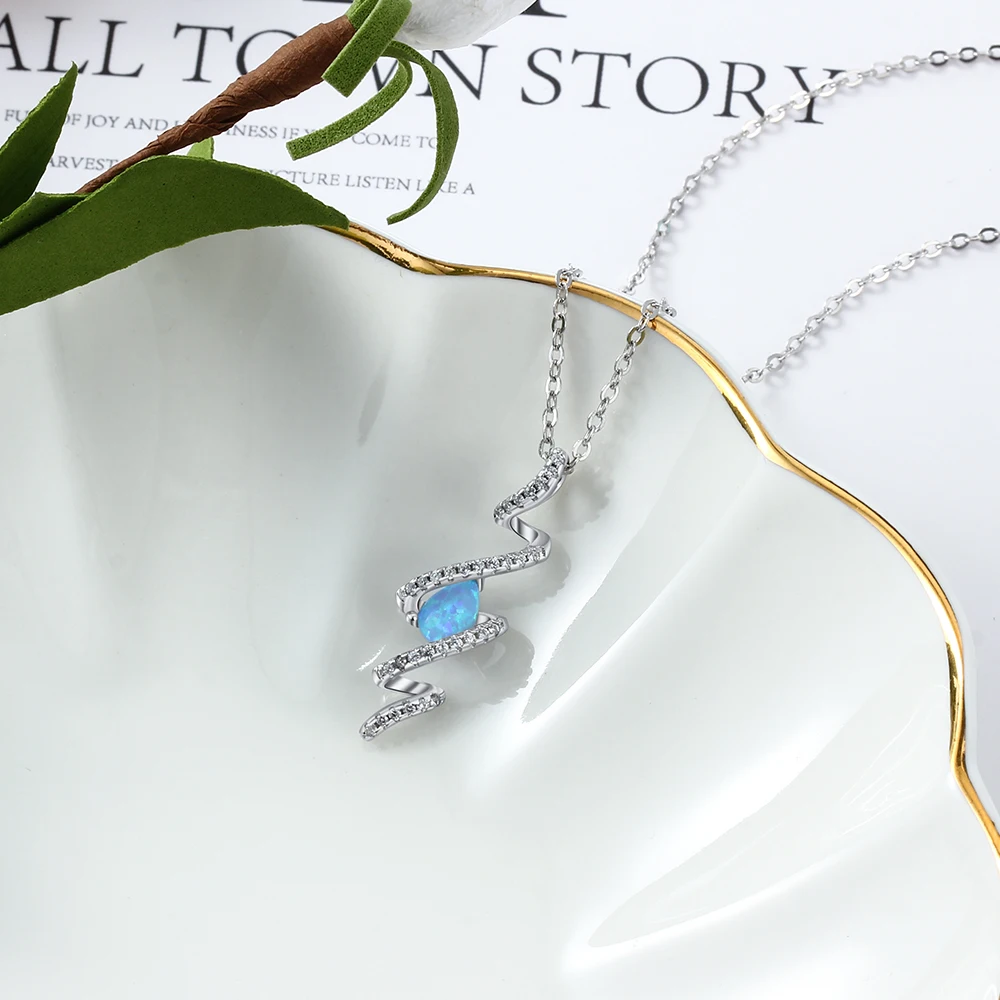 Геометрический стиль 925 стерлингового серебра ожерелья и кулоны Атласная Лента Твист синие опаловые ожерелья для женщин(JewelOra NE103209