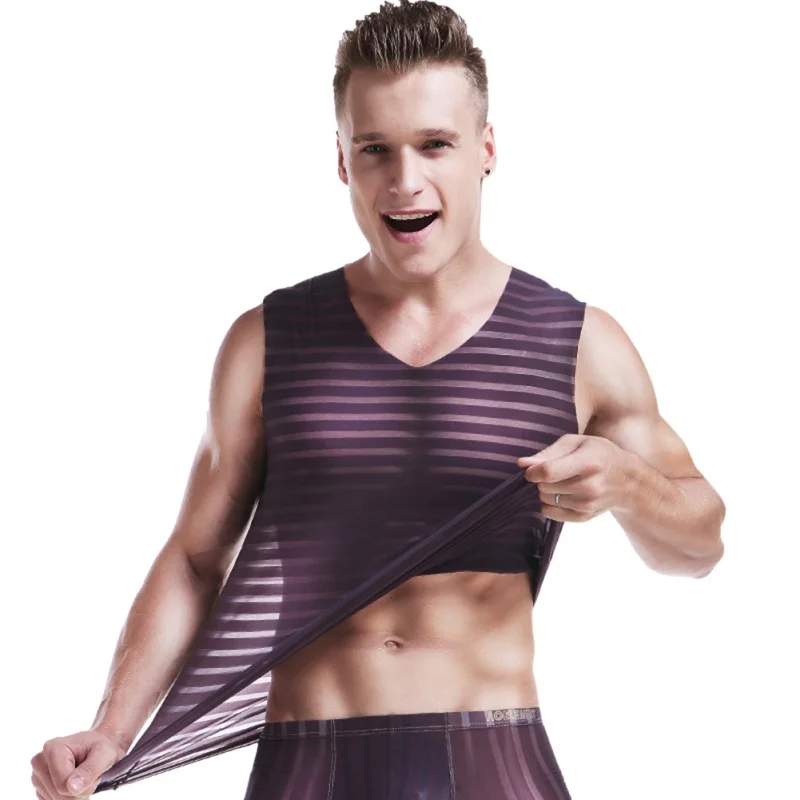 

Men Sexy Bodybuilding Tank Top Fun Breathable Striped Camiseta Tirantes Hombre Undershirts Transparent Mesh Tank Top 2018