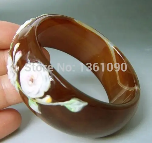 

xd 00507 100% real Hand Carved flowers Natural agate jade BANGLE 56- 62MM (A0429)