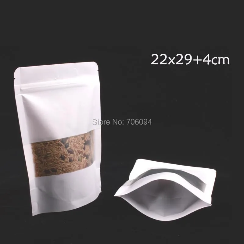 

80PCS 22*29+4CM Zip lock Stand Up white kraft Bag with window 8.7''*11.4'' Moisture-barrier Food Kraft Bag