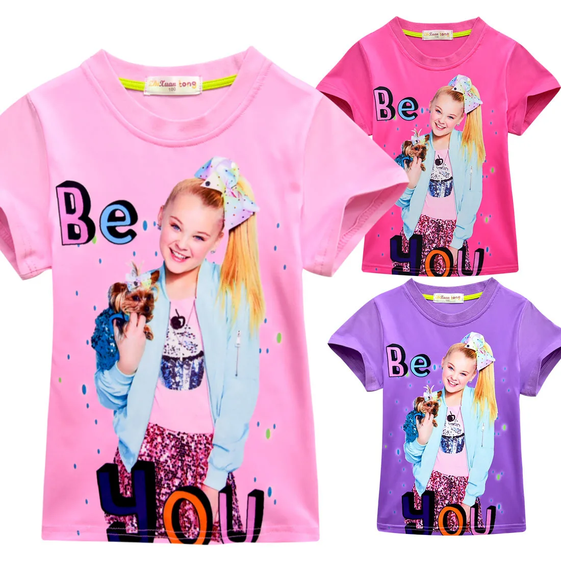 

Summer 2019 New Jojo Siwa Girls Short Sleeves T Shirt Tops Tees Children Clothes Fashion Cute Be You Letters Printed Pink Purple