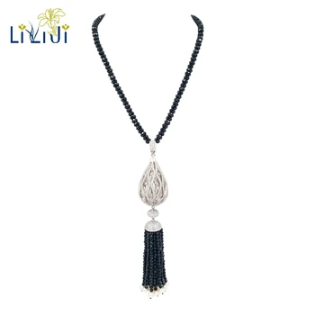 

LiiJi Unique Women Tassel Necklace Black Spinels ,AAA Near Round Freshwater Pearl Long Necklace Drop shipping