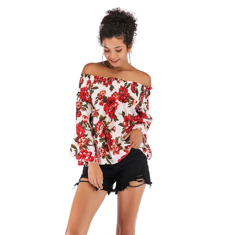 

2019 Spring And Autumn Women's Trumpet Long Sleeve Printed Chiffon Shirt New Low Collar Strapless Shirt Women's Fashion Shirt