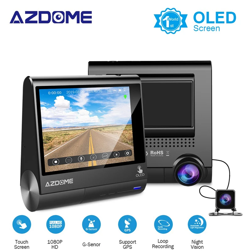 

AZDOME M05 World First OLED Touch Screen Car DVRs FHD 1080P Recorder Dash Cam With GPS Vehicle Rear View Camera dual car cam