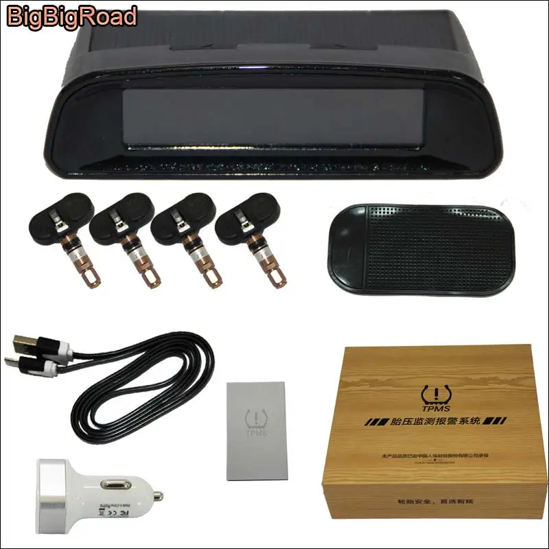 

BigBigRoad Solar Power Car TPMS Tire Pressure Monitor System 4 Internal Sensors Wireless LCD Display For kia rio ceed sportage