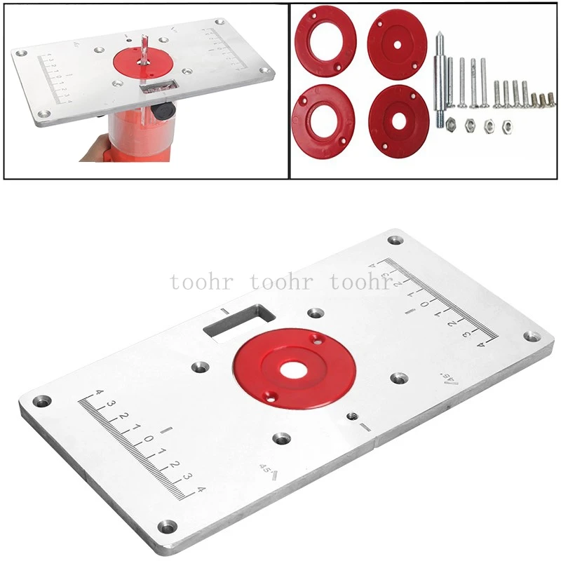 

For universal RT0700C Multifunctional Aluminum Router Table Plate w/ 4 Router Insert Rings Screws for Woodworking Benches