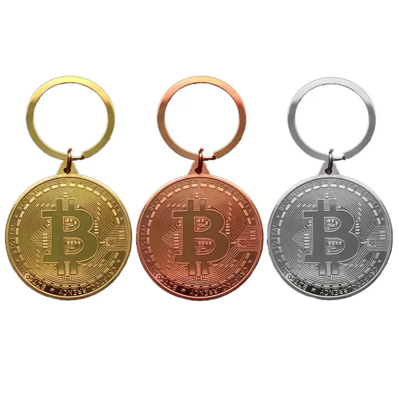 

Trendy Alloy Bitcoin Keychain Silver Gold Rose Gold Vintage Stye Commemorative Coins Key Pendant Chain for Woman Man Gift