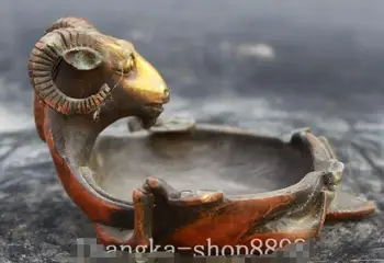 

12 CM Chinese Fengshui Bronze Gilt Sheep Goat Ashtray Crock Jar Pot Statue