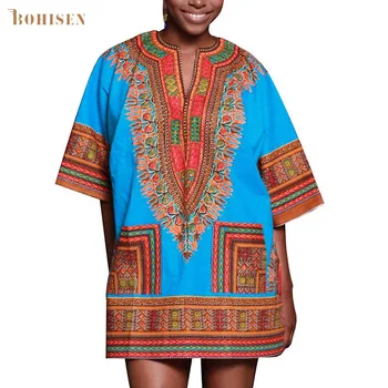 

BOHISEN African Women Clothes Plus Size Dashiki Half Sleeve Traditional African Print V-Neck Mini Dress With 2 Pockets