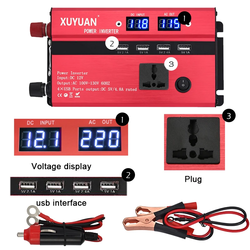 VicTsing Car Power Inverter DC 24V to AC 220V 3000W Inverter Pure Sine 4 USB Ports 1 Socket Power Inverter Charger 12V to 220V   (1)