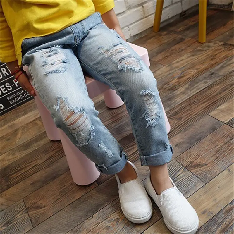 

New Spring Baby Boy&Girl Cotton Denim Legging Kids Girls Loose Pencil Trousers Children Girl Clothes Ripped Hole Jeans Pants Y34