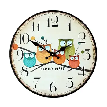 

Lovely Owl Pattern Wall Clock For Living Room Retro Style Home Decor Round Dial Owl Wall Clock
