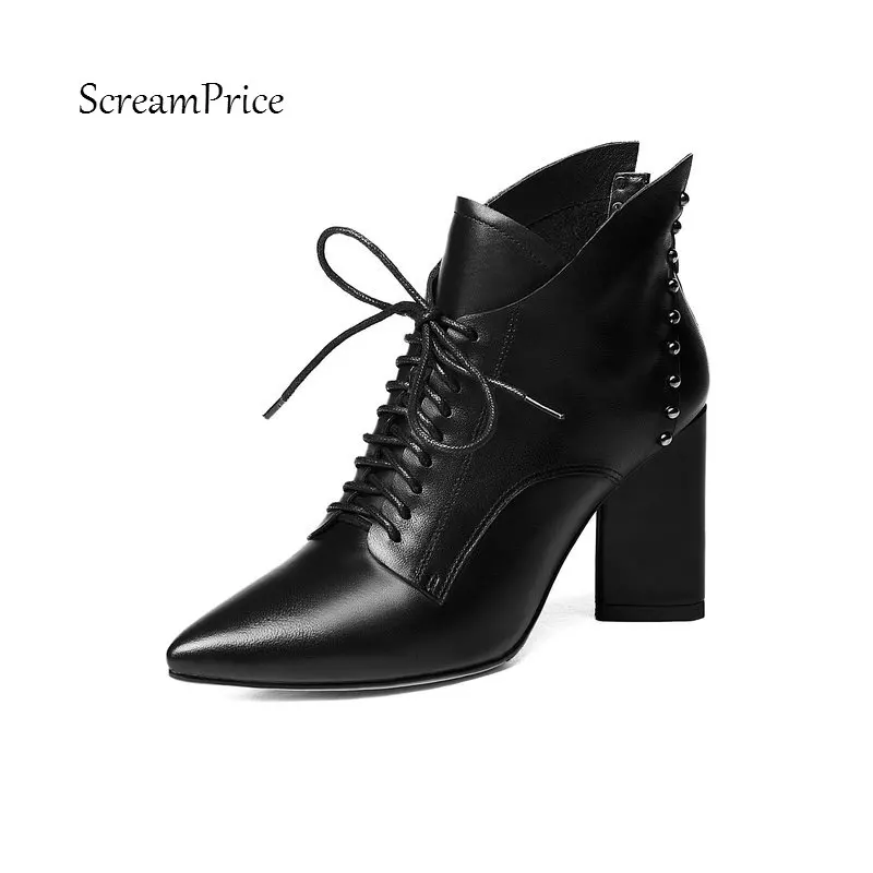 

Woman Square High Heel Lace Up Genuine Leather Ankle Boots Fashion Pointed Toe Dress Ladies Boots Black Green