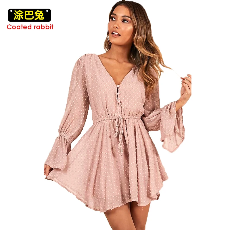 

CR Polka Dot Playsuit Summer Chiffon Jumpsuit Lace Playsuit Women Romper V Neck Long Sleeve Sexy Jumpsuit One Piece Clothes