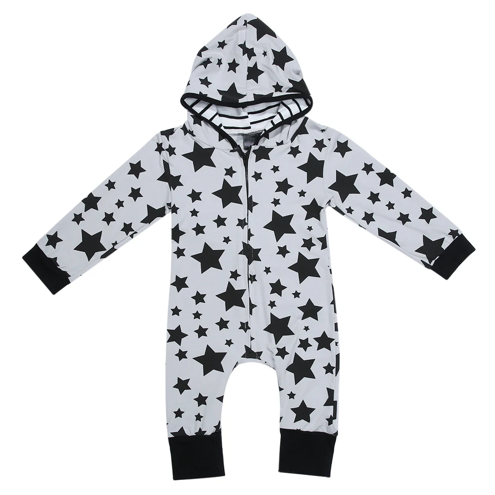 

Newborn Infant Baby Boy Girl Autumn Clothes Star Stirpe Print Hooded Long Sleeve Romper Zipper Coverall Jumpsuit Kids Clothes