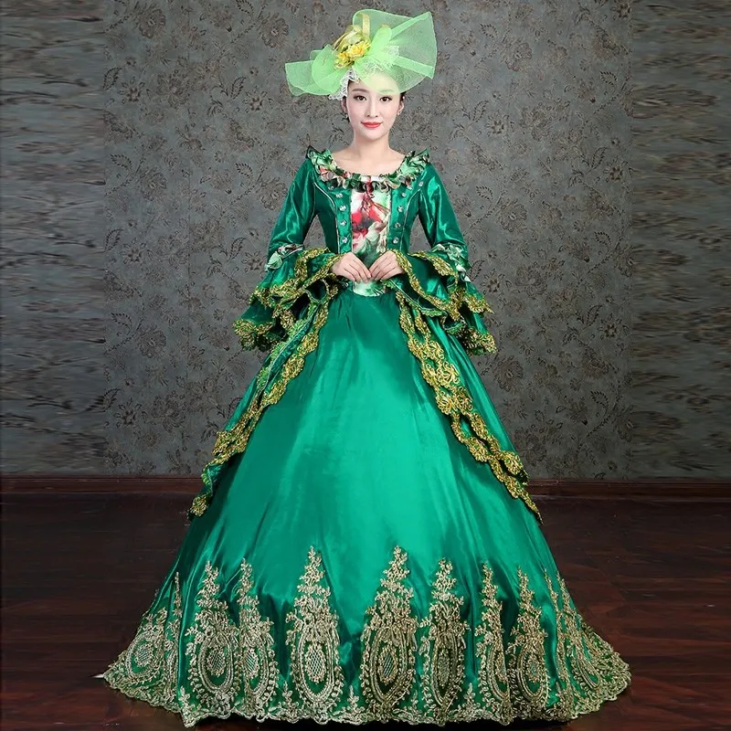 Free Shipping Gold Lace Decorate Vintage Boll Gown Palace Stage Dress Victorian Party Dress Include Hat (2)