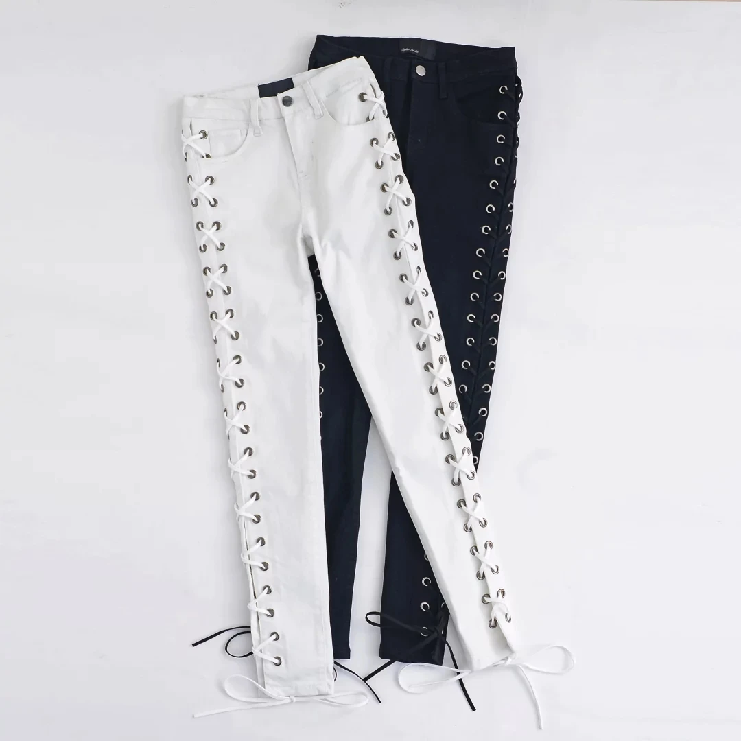 Летняя мода карандаш тонкие обтягивающие черные джинсы женские белые с боковой шнуровкой панк джинсовые штаны женские джинсы брюки