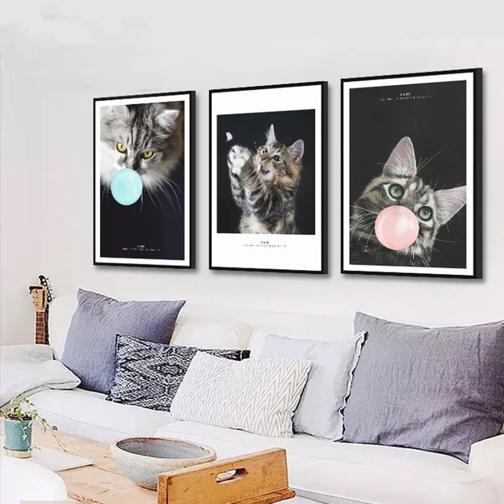 NUOMEGE-Nordic-Animal-Pet-Cute-Cat-Poster-Print-Minimalist-Wall-Art-Canvas-Painting-Blowing-Bubbles-Picture (4)