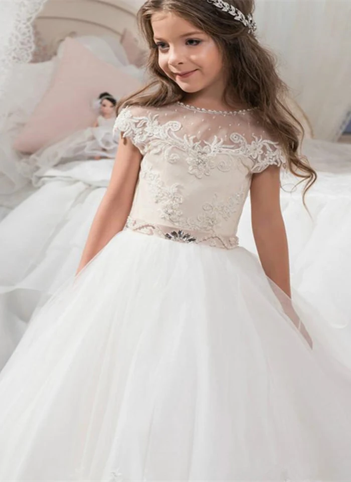 Платье с цветочным узором для девочек; Детские платья для первого причастия для девочек; элегантное платье с коротким рукавом с бусинами и поясом