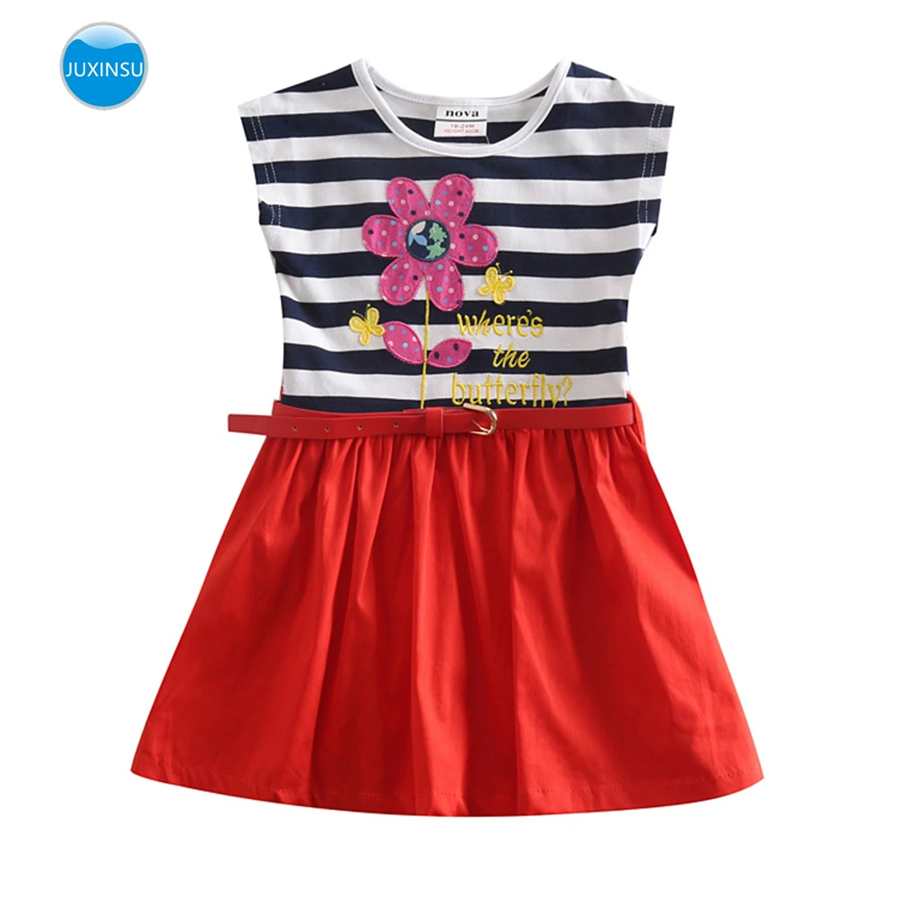 JUXINSU/платье без рукавов для девочек; летнее Хлопковое платье в полоску с цветочным рисунком для детей