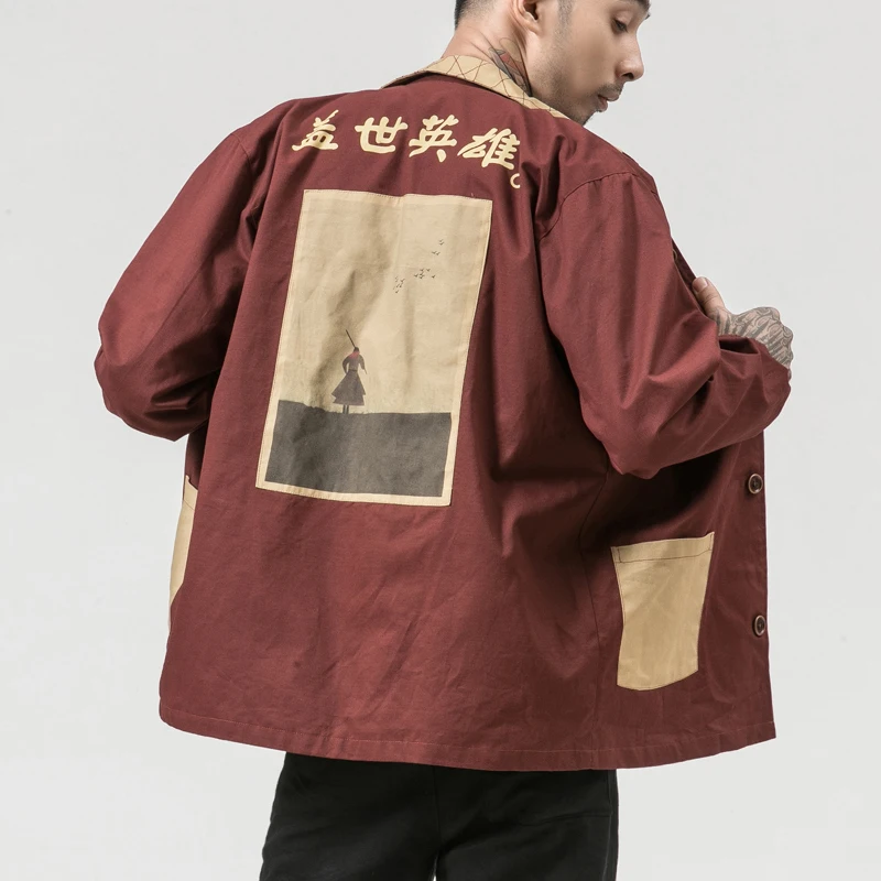 Осенний герой кандзи Японская уличная хлопковая куртка черный красный хип хоп пальто американский размер XS-XXL